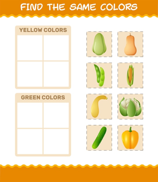 Zoek dezelfde kleuren groenten. zoeken en matching spel. educatief spel voor kinderen en peuters in de pre-schooljaren