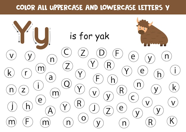 Zoek en kleur alle letters y educatief werkblad om het alfabet te leren. abc letters. y is voor yak.