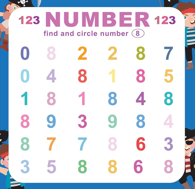 Zoek en omcirkel het nummer op het werkblad. oefening voor kinderen om nummer te herkennen. vector bestand