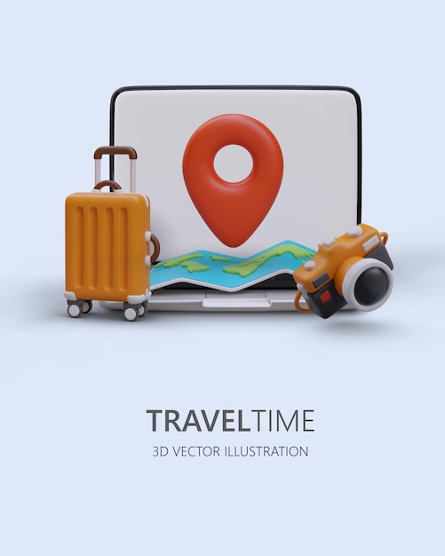Zoek naar vakantiebestemming Lijst met resorts in de wereld Online ticketreserveringsservice Vectorposter met enorme rode geotag 3D illustratie Reistijd