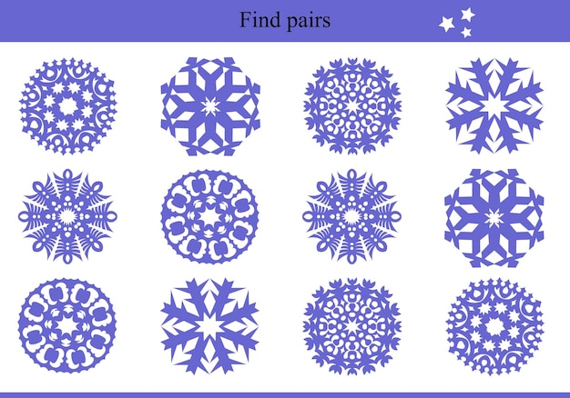 Zoek paren voor sneeuwvlokken. Educatief spel voor kinderen