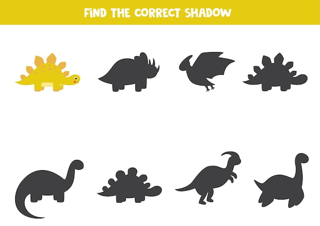Zoek schaduw van schattige cartoon stegosaurus. Logisch spel voor kinderen.