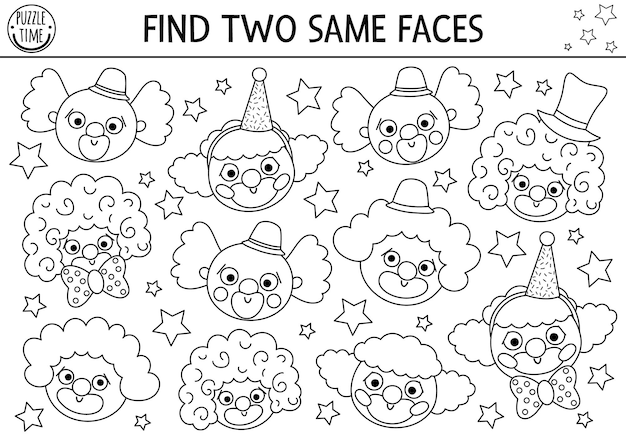 Zoek twee dezelfde clowngezichten Circus zwart-wit bijpassende activiteit voor kinderen Amusement show line educatief quizwerkblad voor kinderen Eenvoudig afdrukbaar spel of kleurpaginaxA