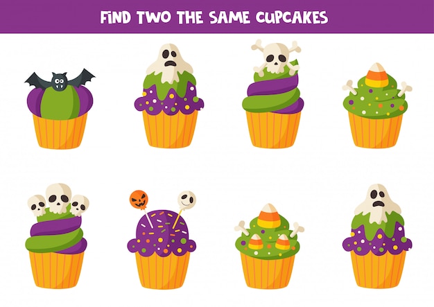 Zoek twee dezelfde halloween-muffins.