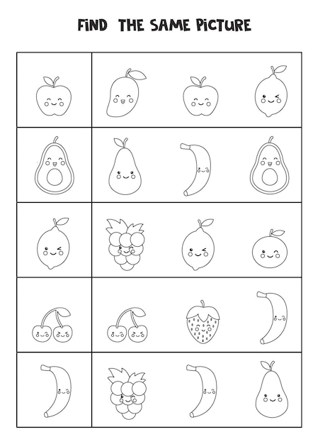 Zoek twee dezelfde vruchten. Zwart-wit werkblad.