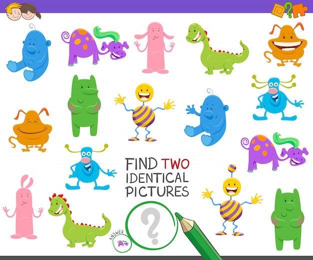 Zoek two identical pictures game met monsters