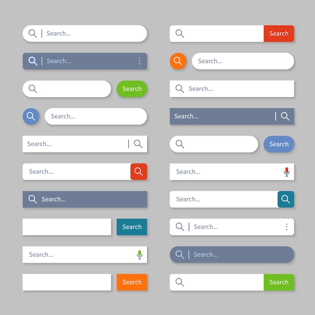 Zoek ui. internet-zoekbalken met knoppen, webbrowser-interfacevakken voor sitemenu.