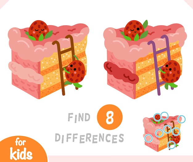Zoek verschillen educatief spel voor kinderen, cartoon illustratie cake en twee aardbeien