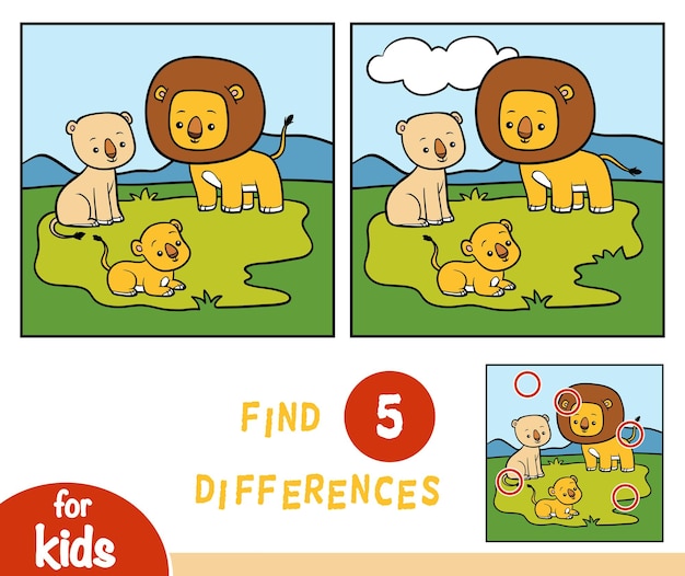 Zoek verschillen onderwijsspel voor kinderen drie leeuwen