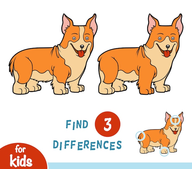 Zoek verschillen, onderwijsspel voor kinderen, welsh corgi