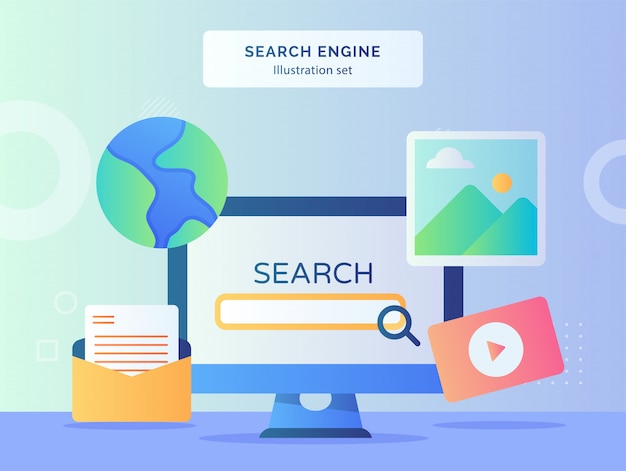 Zoekmachine afbeelding instellen monitor computer achtergrond van foto globe mail video met vlakke stijl.