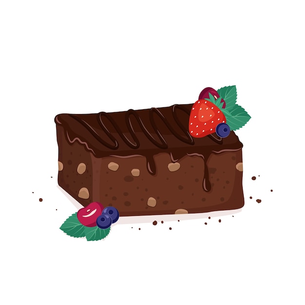 Zoet browniedessert met vloeiende chocoladenoten en bessen heerlijk stuk taart bakken voor verjaardagsfeestje en vakantie platte vectorillustratie