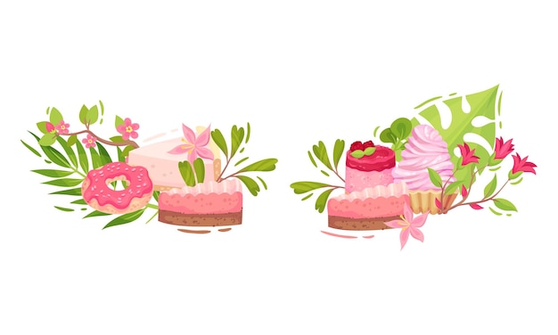 Zoet en suikerroze snoep met groen gebladerte en bloemvectorcompositie set