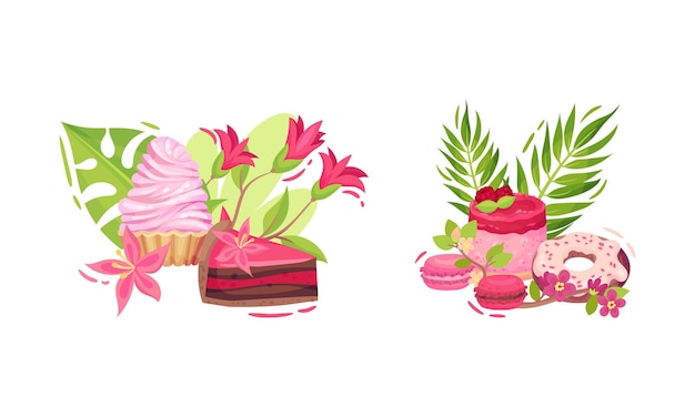 Zoet en suikerroze snoep met groen gebladerte en bloemvectorcompositie set