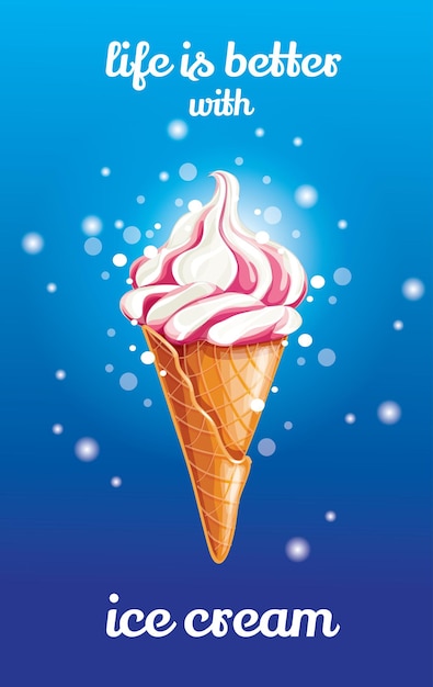 Vector zoet vers bevroren ijs in wafelkegel met rood roze aardbei of kersen zachte room of stroop die over blauwe achtergrond wordt geïsoleerd. illustratie voor webdesign of print