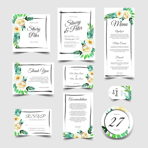 Vector zoete bruiloft uitnodiging set aquarel bloemen wit