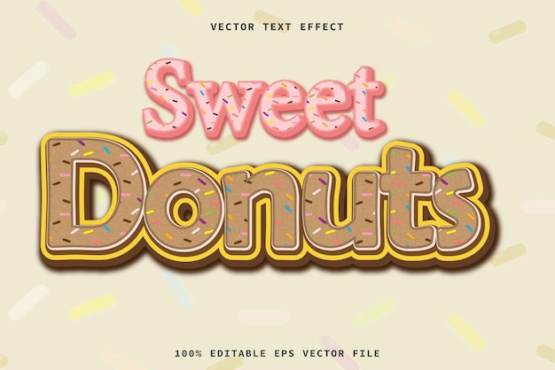 Vector zoete donuts 3d-teksteffect met koekjes getextureerde eps bewerkbare tekst