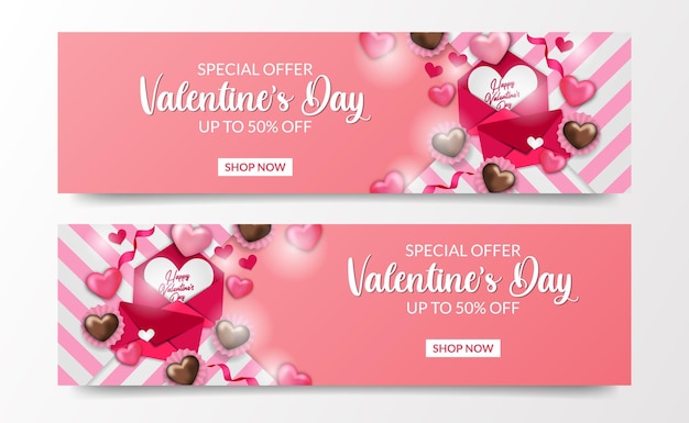 Vector zoete romantiek illustratie met cupcake liefde hart en roze envelop voor valentijnsdag verkoop aanbieding spandoeksjabloon