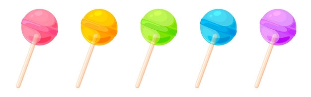 Vector zoete schattige lolly ronde op stok kleurrijke platte set harde kandijsuiker karamel bonbon fruit bes regenboog kleuren glanzend duidelijk dessert vakantie pictogram lolly cartoon snack geïsoleerde witte achtergrond