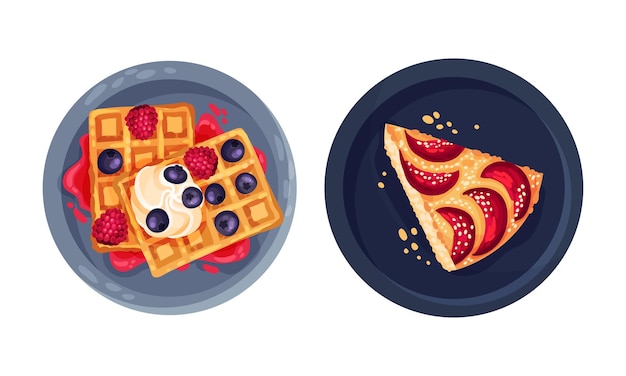 Zoete smakelijke desserts set Waffels met slagroom en bessen en stuk fruittaart snoepjes vector illustratie
