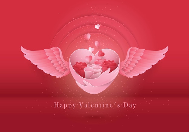 Zoete Valentijnsdag kaart Rode en witte roos in hart met vleugels roze knuffel hand in hartvorm