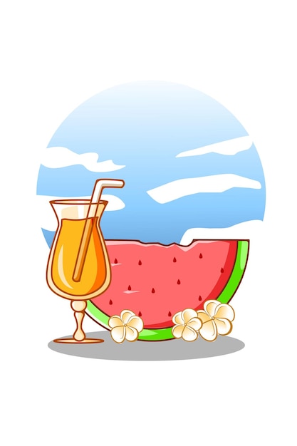 Zoete watermeloen met jus d'orange in de zomer cartoon afbeelding