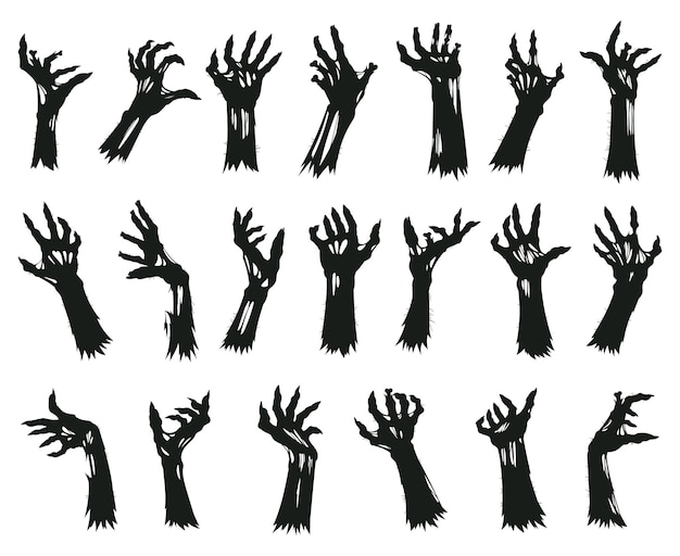 Vector zombie armen silhouetten halloween griezelige monsters griezelige handen platte cartoon vector illustratie set horror halloween enge arm collectie