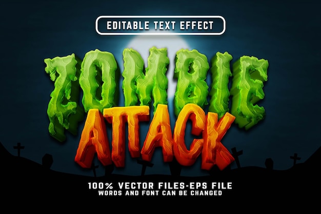 Zombie attack 3d мультяшный текстовый эффект премиум векторы