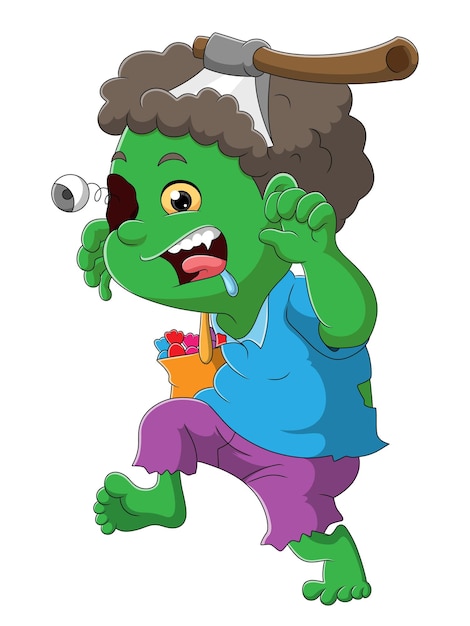 Мальчик-зомби с зеленой кожей и топором на голове иллюстрации