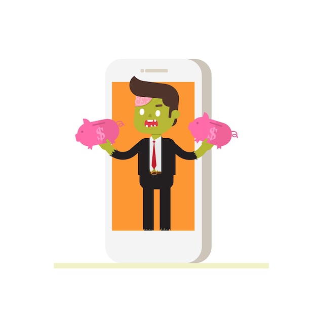 Vector zombie businessman get out from phone with two piggy bank