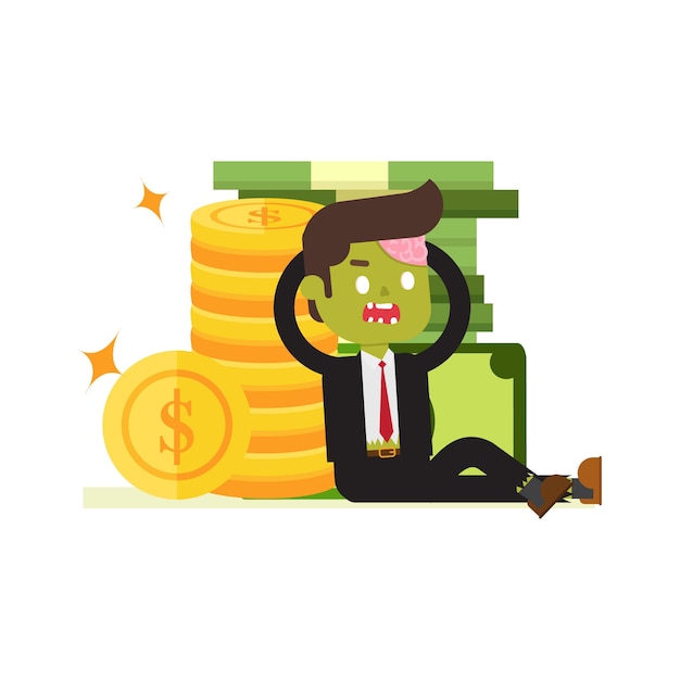 Zombie businessman laying on money