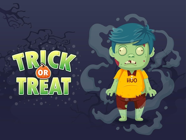 Зомби мультяшный персонаж Хэллоуина с векторной иллюстрацией Trick or Treat Text Effects