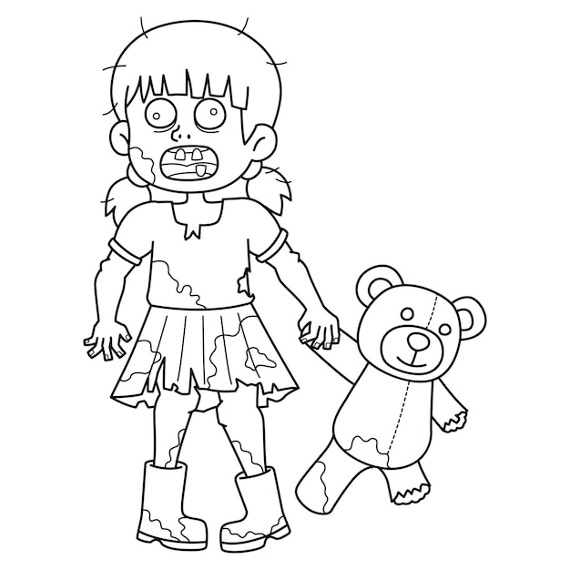 Zombie Child with Plushie Isolated Coloring Page