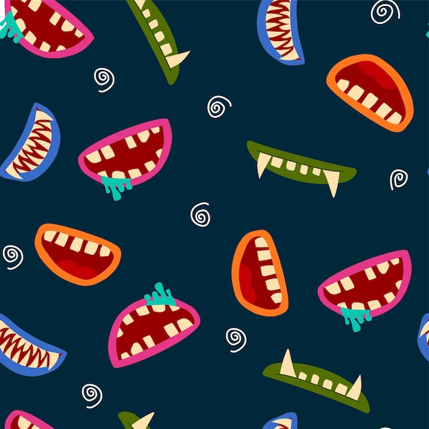 Zombie, clown and vampire cartoon monster mouths seamless pattern. Halloween horror background