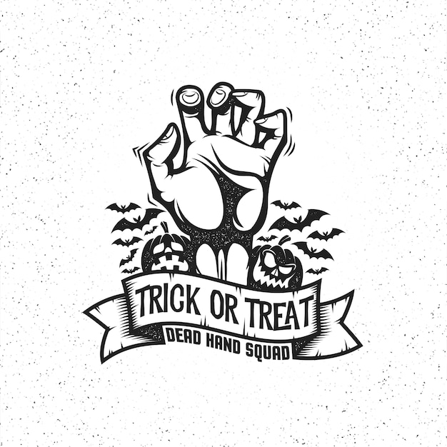 Vector zombie dead hand on white. trick or treat on ribbon