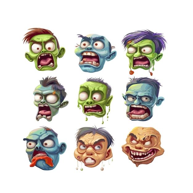 Vettore emoticon zombie set di facce modello disegnato a mano