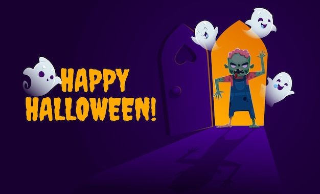 Zombie en kawaii geesten in de deur Halloween banner Vector vakantie wenskaart met een griezelige deuropening met schattige spookjes en loerende zombie die het toneel vormt voor een huiveringwekkend feest