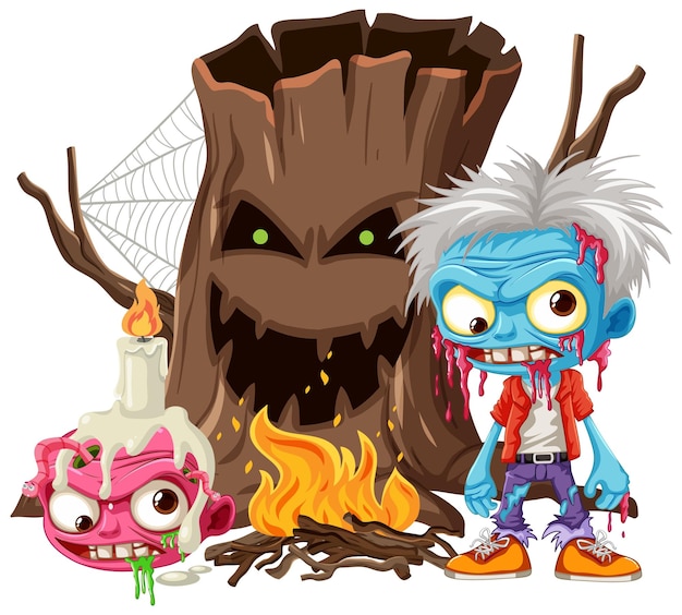 Zombie en kwade boom Een griezelige Halloween-ontmoeting