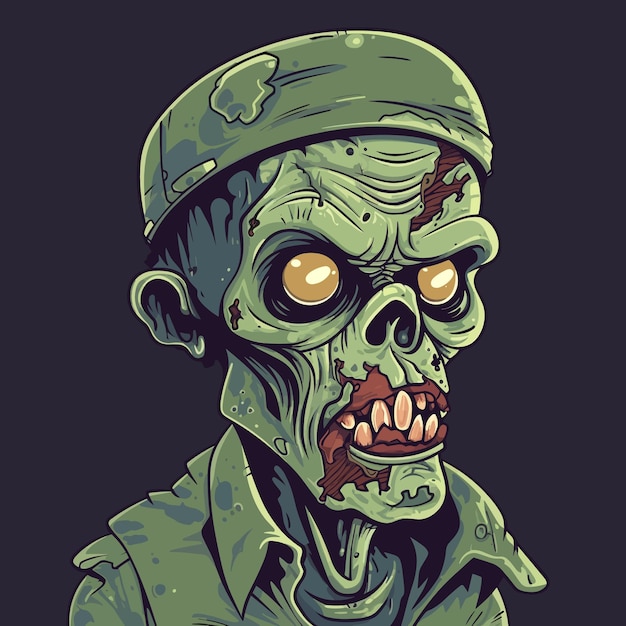 Zombie face with yellow eyes and a green hat.