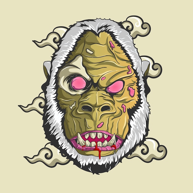 Vector zombie gorilla head with oriental clouds