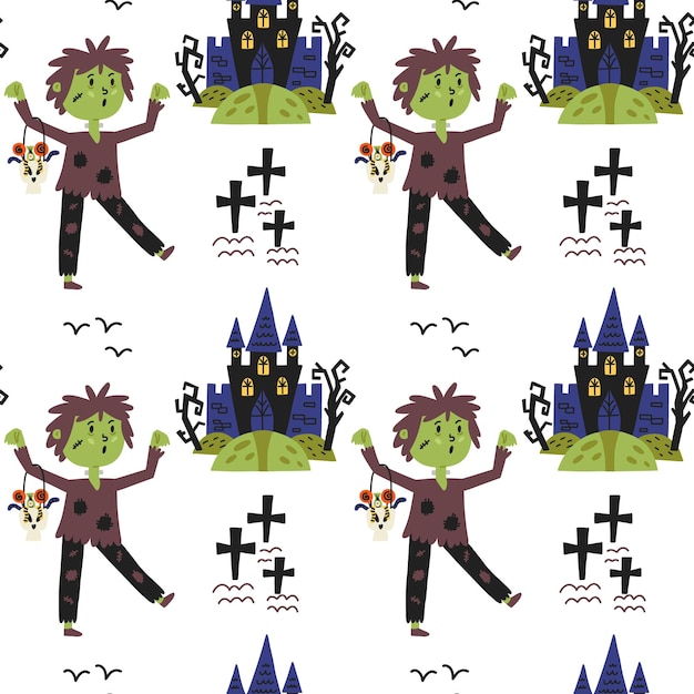 Zombie graveyard castle halloween pattern