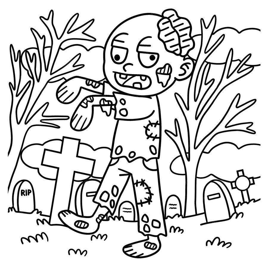 Premium Vector | Zombie halloween coloring page for kids