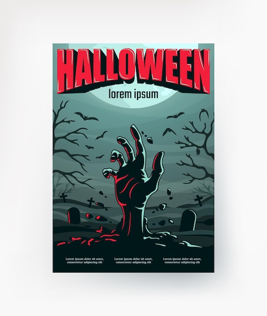 Vector zombie hand on the cemetery background a poster for halloween. vector.