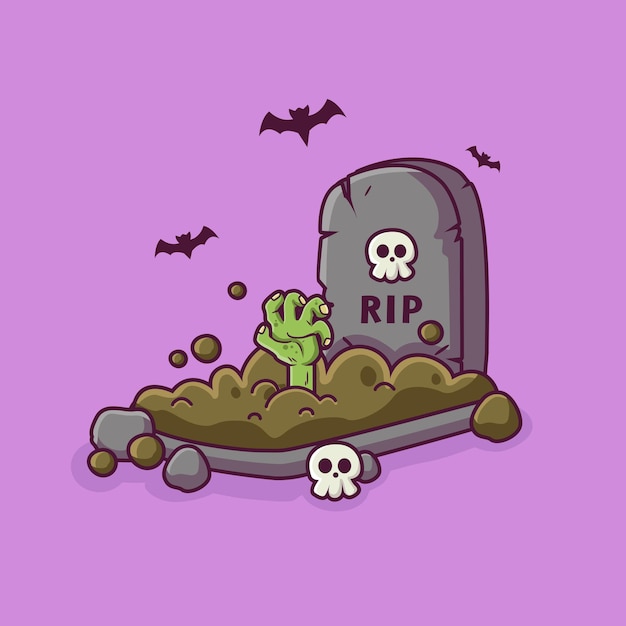 Mano dello zombie che esce dal fondo dell'elemento di halloween dell'illustrazione del fumetto del cimitero di halloween