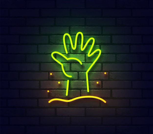 Zombie hand neon teken. Gloeiend neonlicht uithangbord op bakstenen muur.