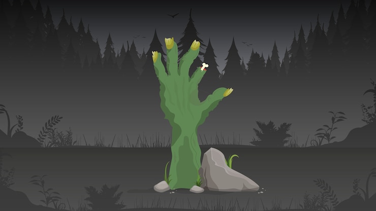 Vector a zombie hand sticks out of the ground. a zombie crawls out of the ground