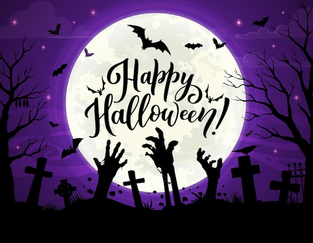 Zombie hands on halloween cemetery landscape vector silhouettes of trick or treat holiday horror night monsters flying bats zombies creepy trees and tombstones crosses and trees under full moon