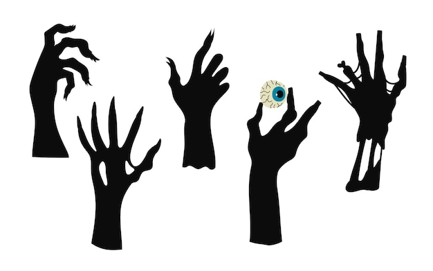 Vettore silhouette di mani di zombie halloween e incubo zombie inquietante e malvagio set di vettori disegnati a mano