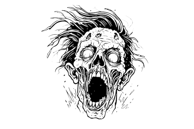 ゾンビの頭または顔のインク スケッチ ウォーキング デッド手描画ベクトル図