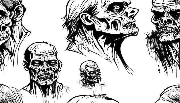 Иллюстрационный эскиз головы зомби, нарисованный черными линиями, изолированный на белом фоне, для праздника Хэллоуин